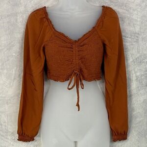 Japna Ruched Smocked Crop Top Long puff Sleeve Sz M Milkmaid peasant romantic